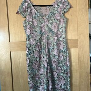 Xscape Floral Lace Midi Dress in Purple and Green